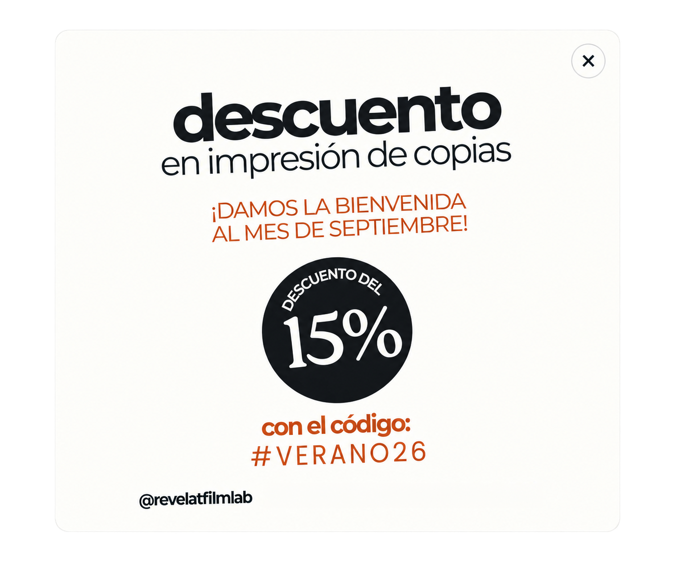 15 % de descuento en impresion de copias durante septiembre con el codigo #VERANO26